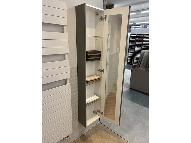 Badkamer showroom opstelling met badmeubel, spiegels met verlichting, douche, designradiator en wandkast - afbeelding 3 van  11