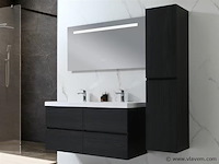 Badkamermeubel 120 cm - donker hout decor + witte dubbele wasbak - incl. kranen - afbeelding 1 van  10