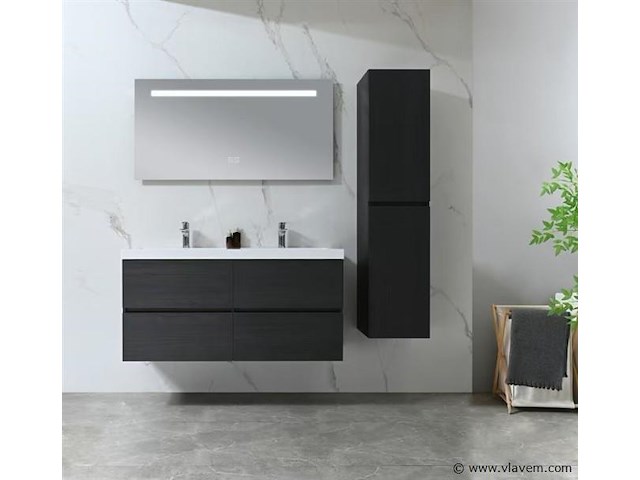 Badkamermeubel 120 cm - donker hout decor + witte dubbele wasbak - incl. kranen - afbeelding 3 van  10