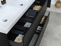 Badkamermeubel 120 cm - donker hout decor + witte dubbele wasbak - incl. kranen - afbeelding 5 van  10
