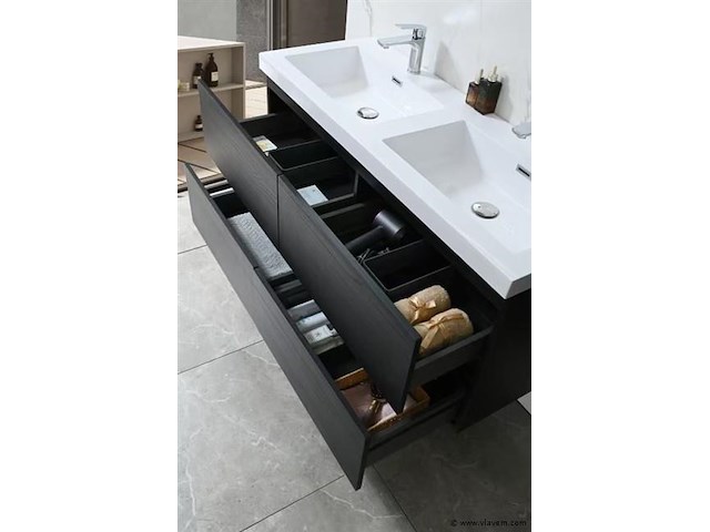 Badkamermeubel 120 cm - donker hout decor + witte dubbele wasbak - incl. kranen - afbeelding 7 van  10