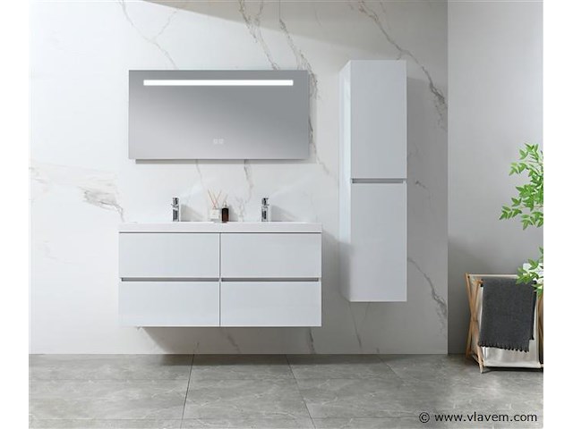 Badkamermeubel 120 cm - hoogglans wit + witte dubbele wasbak - incl. kranen - afbeelding 2 van  9