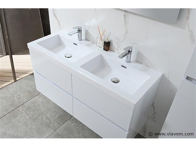 Badkamermeubel 120 cm - hoogglans wit + witte dubbele wasbak - incl. kranen - afbeelding 3 van  9