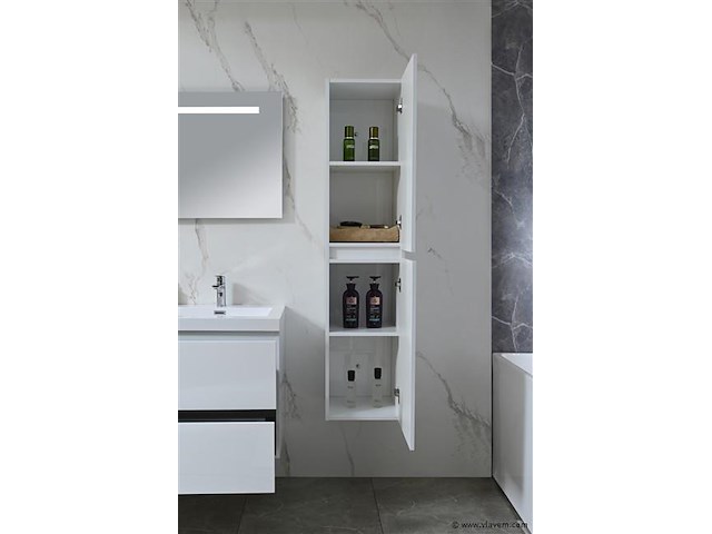 Badkamermeubel 120 cm - hoogglans wit + witte dubbele wasbak - incl. kranen - afbeelding 6 van  9