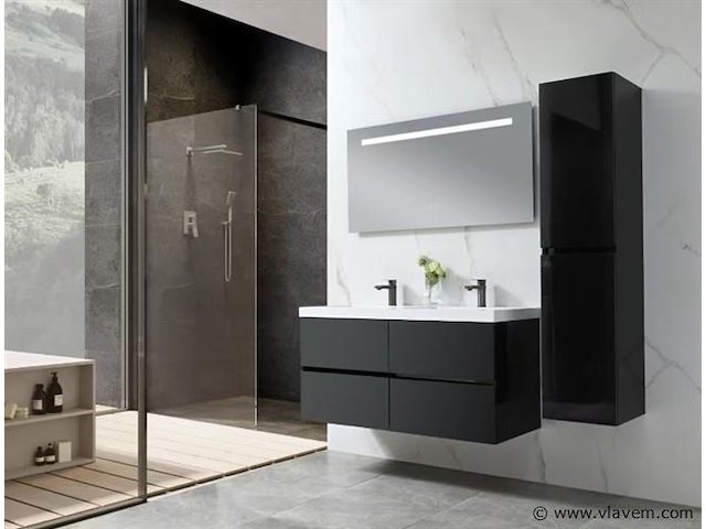 Badkamermeubel 120 cm - hoogglans zwart + witte dubbele wasbak - incl. kranen - afbeelding 1 van  9