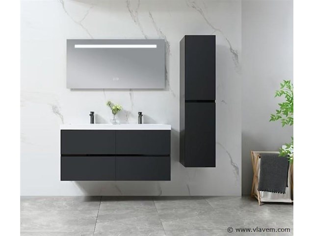 Badkamermeubel 120 cm - hoogglans zwart + witte dubbele wasbak - incl. kranen - afbeelding 2 van  9