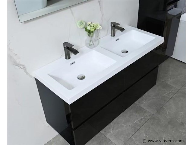 Badkamermeubel 120 cm - hoogglans zwart + witte dubbele wasbak - incl. kranen - afbeelding 4 van  9