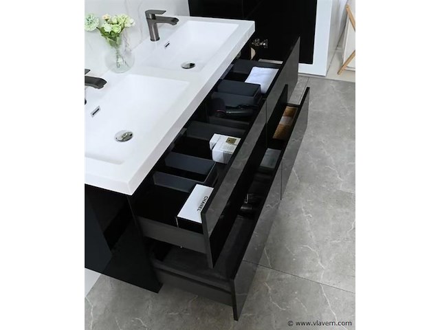 Badkamermeubel 120 cm - hoogglans zwart + witte dubbele wasbak - incl. kranen - afbeelding 6 van  9