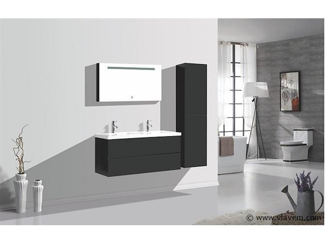 Badkamermeubel 120 cm - hoogglans zwart + witte dubbele wasbak - incl. kranen - afbeelding 8 van  9