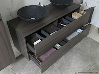 Badkamermeubel 130 cm - donker hout decor + zwarte waskommen - incl. muurkranen - afbeelding 2 van  12