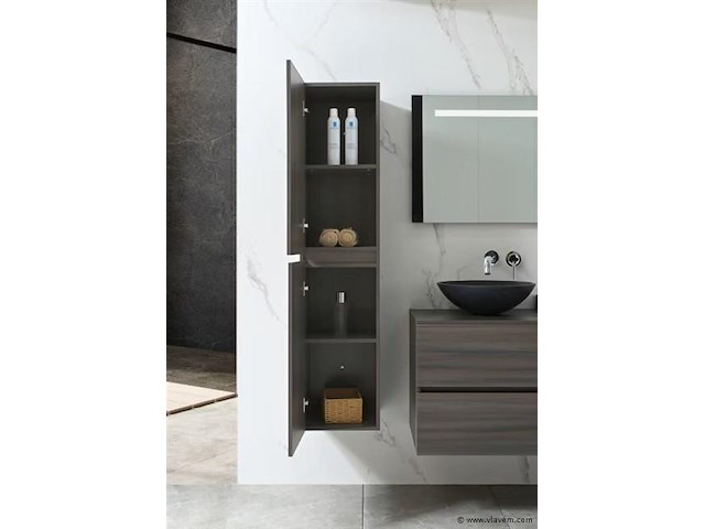 Badkamermeubel 130 cm - donker hout decor + zwarte waskommen - incl. muurkranen - afbeelding 4 van  12