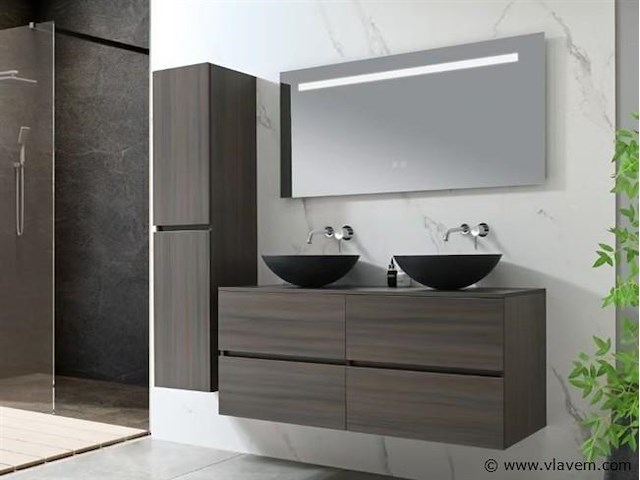 Badkamermeubel 130 cm - donker hout decor + zwarte waskommen - incl. muurkranen - afbeelding 1 van  12