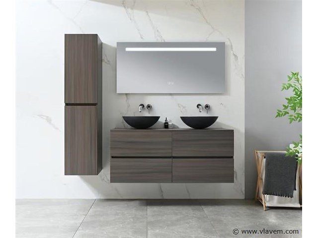 Badkamermeubel 130 cm - donker hout decor + zwarte waskommen - incl. muurkranen - afbeelding 5 van  12