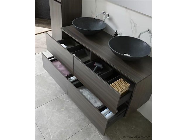 Badkamermeubel 130 cm - donker hout decor + zwarte waskommen - incl. muurkranen - afbeelding 10 van  12