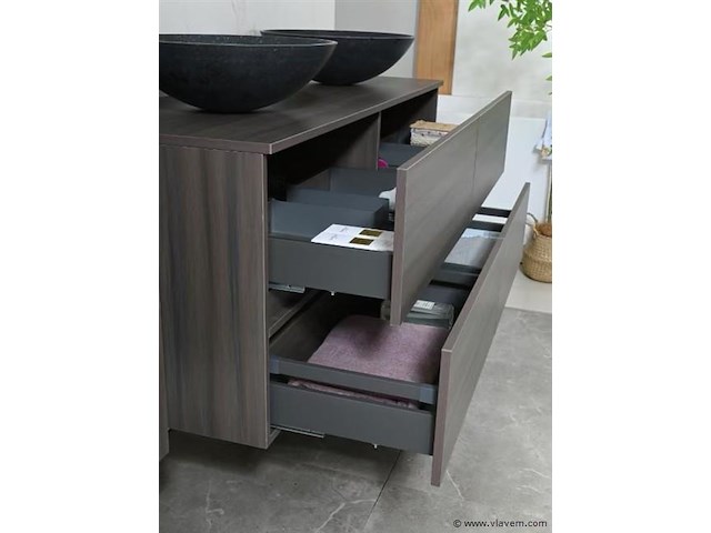 Badkamermeubel 130 cm - donker hout decor + zwarte waskommen - incl. muurkranen - afbeelding 11 van  12
