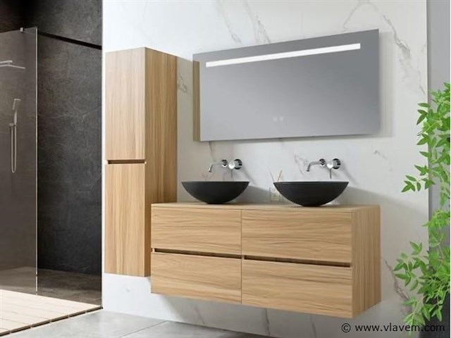 Badkamermeubel 130 cm - licht hout decor + zwarte waskommen - incl. muurkranen - afbeelding 1 van  11