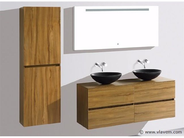 Badkamermeubel 130 cm - licht hout decor + zwarte waskommen - incl. muurkranen - afbeelding 5 van  11