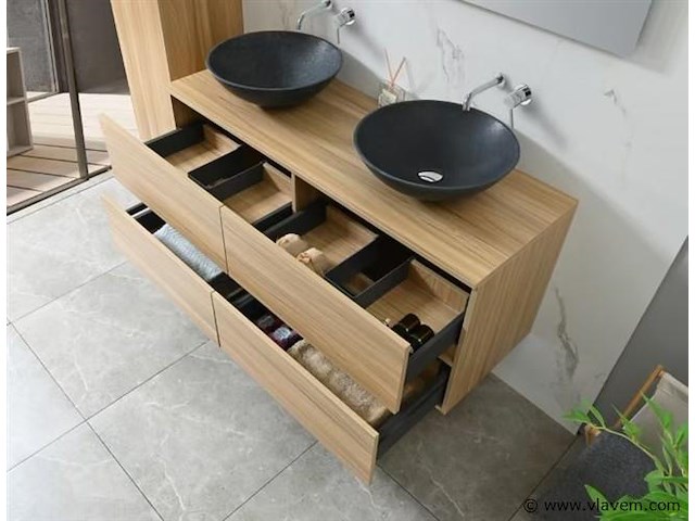 Badkamermeubel 130 cm - licht hout decor + zwarte waskommen - incl. muurkranen - afbeelding 7 van  11
