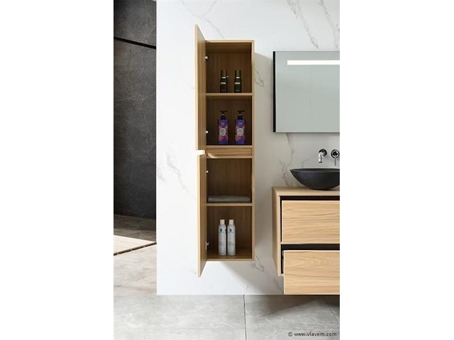 Badkamermeubel 130 cm - licht hout decor + zwarte waskommen - incl. muurkranen - afbeelding 10 van  11