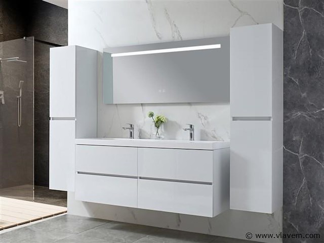 Badkamermeubel 145 cm - hoogglans wit + witte dubbele wasbak - incl. kranen - afbeelding 1 van  9