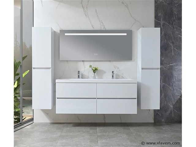 Badkamermeubel 145 cm - hoogglans wit + witte dubbele wasbak - incl. kranen - afbeelding 2 van  9