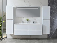 Badkamermeubel 145 cm - hoogglans wit + witte dubbele wasbak - incl. kranen - afbeelding 2 van  9