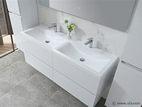 Badkamermeubel 145 cm - hoogglans wit + witte dubbele wasbak - incl. kranen - afbeelding 3 van  9