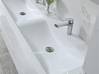 Badkamermeubel 145 cm - hoogglans wit + witte dubbele wasbak - incl. kranen - afbeelding 7 van  9