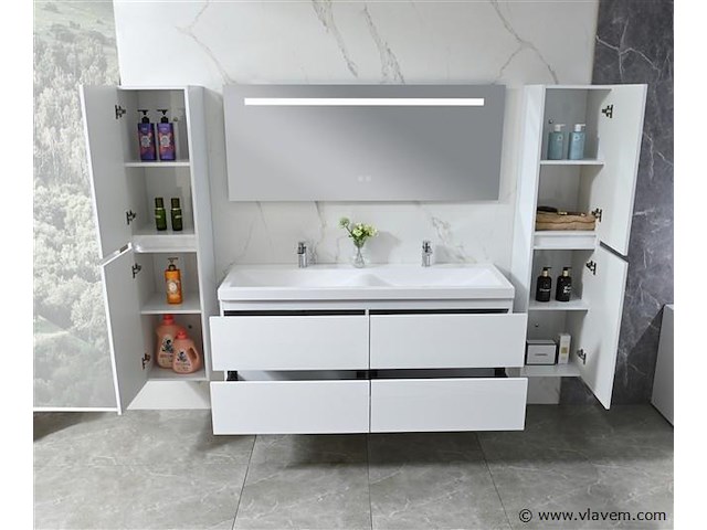 Badkamermeubel 145 cm - hoogglans wit + witte dubbele wasbak - incl. kranen - afbeelding 8 van  9