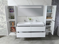 Badkamermeubel 145 cm - hoogglans wit + witte dubbele wasbak - incl. kranen - afbeelding 8 van  9