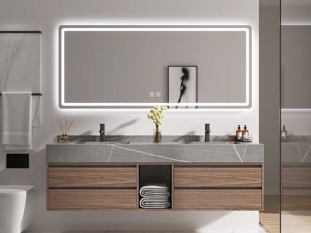 Badkamermeubel 2-persoons - 120 cm - hout decor met grijze marmeren wasbak - incl. kranen - afbeelding 1 van  1