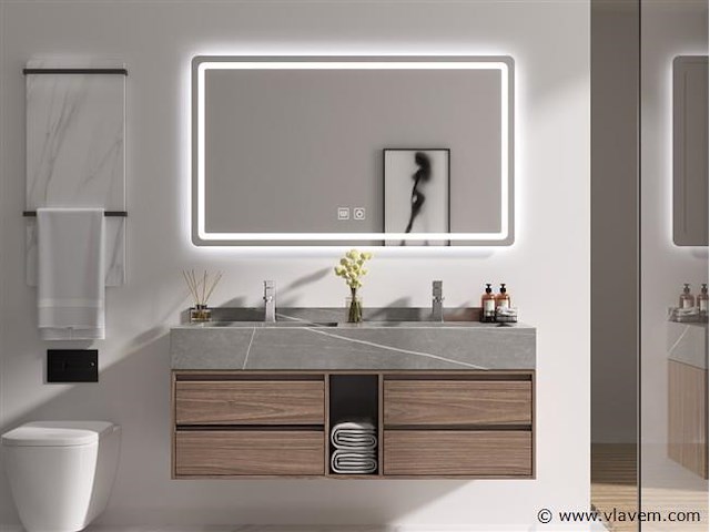 Badkamermeubel 2-persoons - 120 cm - hout decor met grijze marmeren wasbak - incl. kranen - afbeelding 1 van  4
