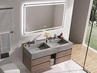 Badkamermeubel 2-persoons - 120 cm - hout decor met grijze marmeren wasbak - incl. kranen - afbeelding 2 van  4