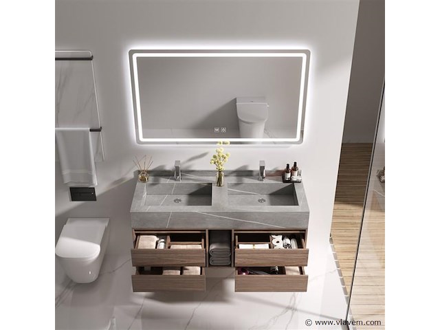 Badkamermeubel 2-persoons - 120 cm - hout decor met grijze marmeren wasbak - incl. kranen - afbeelding 3 van  4