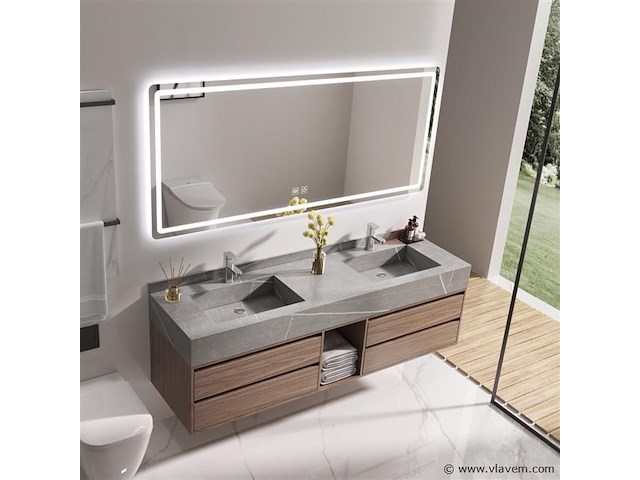 Badkamermeubel 2-persoons - 150 cm - hout decor met grijze marmeren wasbak - incl. kranen - afbeelding 2 van  8