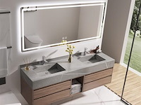 Badkamermeubel 2-persoons - 150 cm - hout decor met grijze marmeren wasbak - incl. kranen - afbeelding 2 van  8