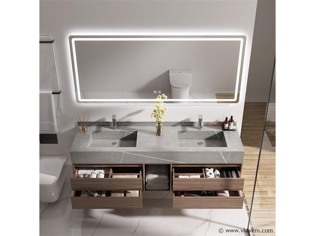 Badkamermeubel 2-persoons - 150 cm - hout decor met grijze marmeren wasbak - incl. kranen - afbeelding 3 van  8