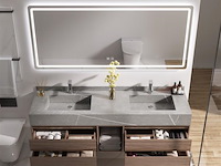 Badkamermeubel 2-persoons - 150 cm - hout decor met grijze marmeren wasbak - incl. kranen - afbeelding 3 van  8