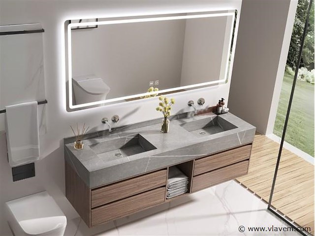 Badkamermeubel 2-persoons - 150 cm - hout decor met grijze marmeren wasbak - incl. kranen - afbeelding 6 van  8