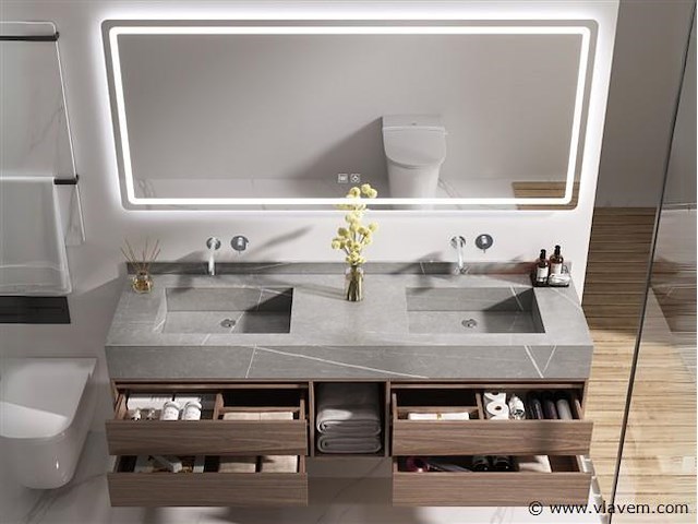 Badkamermeubel 2-persoons - 150 cm - hout decor met grijze marmeren wasbak - incl. kranen - afbeelding 7 van  8