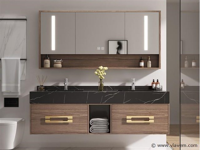 Badkamermeubel 2-persoons - 150 cm - hout decor met zwarte marmeren wasbak - incl. kranen - afbeelding 1 van  4