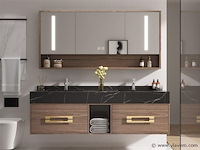 Badkamermeubel 2-persoons - 150 cm - hout decor met zwarte marmeren wasbak - incl. kranen - afbeelding 1 van  4