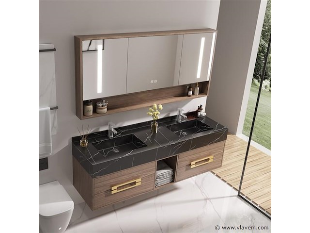 Badkamermeubel 2-persoons - 150 cm - hout decor met zwarte marmeren wasbak - incl. kranen - afbeelding 2 van  4