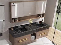 Badkamermeubel 2-persoons - 150 cm - hout decor met zwarte marmeren wasbak - incl. kranen - afbeelding 2 van  4