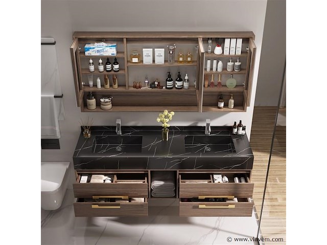 Badkamermeubel 2-persoons - 150 cm - hout decor met zwarte marmeren wasbak - incl. kranen - afbeelding 3 van  4