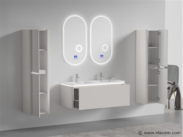 Badkamermeubel 2 persoons 120 cm - taupe - 2 zijkasten, 2 ovale spiegels - afbeelding 3 van  5
