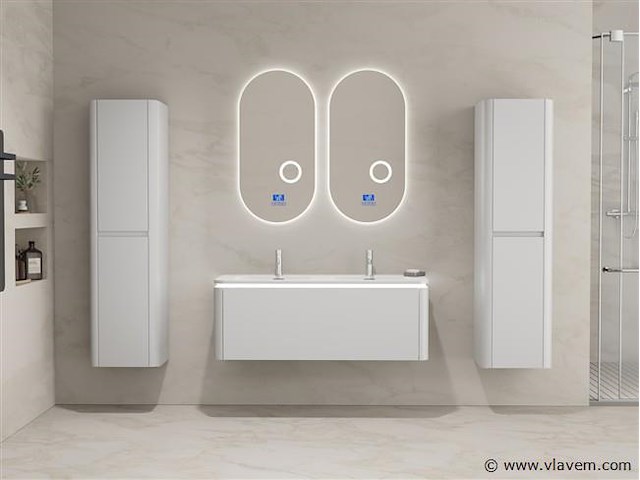 Badkamermeubel 2 persoons 120 cm - wit - 2 zijkasten, 2 ovale spiegels - afbeelding 2 van  5