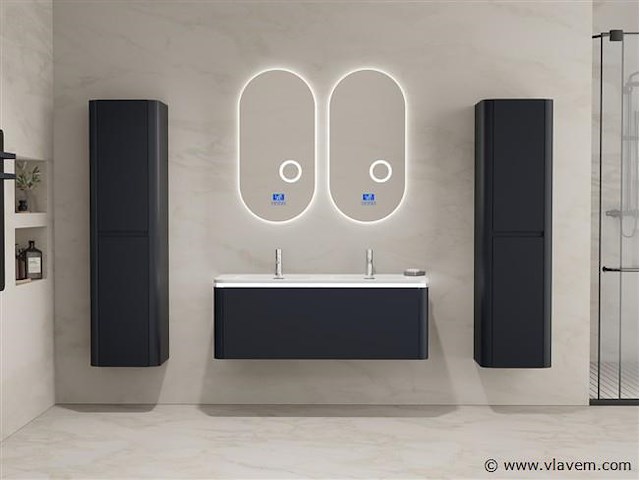 Badkamermeubel 2 persoons 120 cm - zwart - 2 zijkasten, 2 ovale spiegels - afbeelding 2 van  5