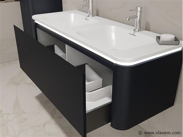 Badkamermeubel 2 persoons 120 cm - zwart - 2 zijkasten, 2 ovale spiegels - afbeelding 4 van  5
