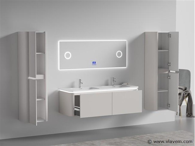 Badkamermeubel 2 persoons 140 cm - taupe - 2 zijkasten, 1 led spiegel - afbeelding 3 van  5